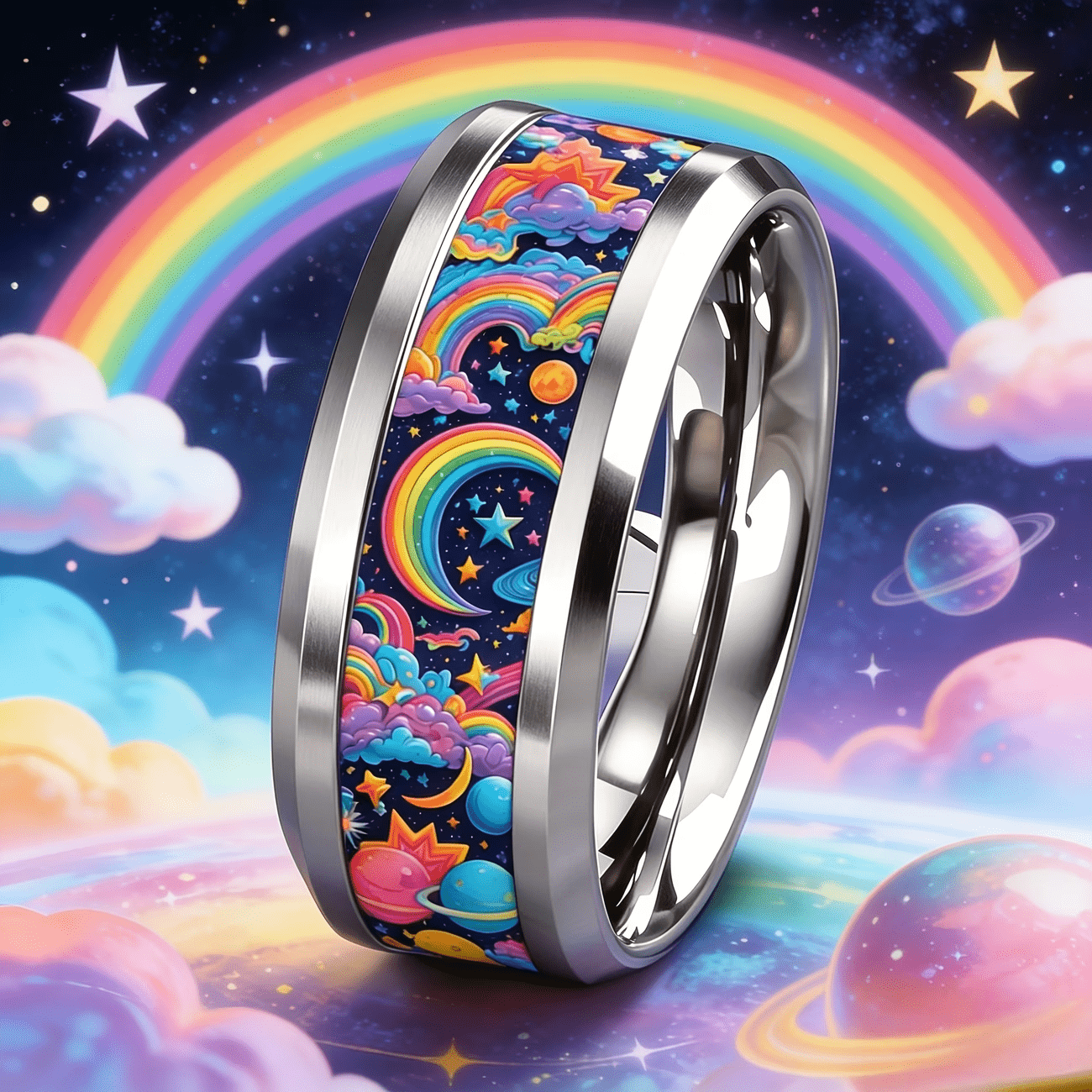 Rainbow Starry Sky Planet Cloud 316 Stainless Steel Ring